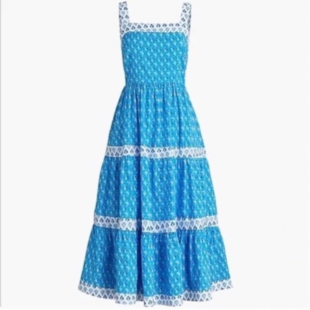J. Crew Block Print Square Neck Smocked Floral Tiered Midi Dress Size 2